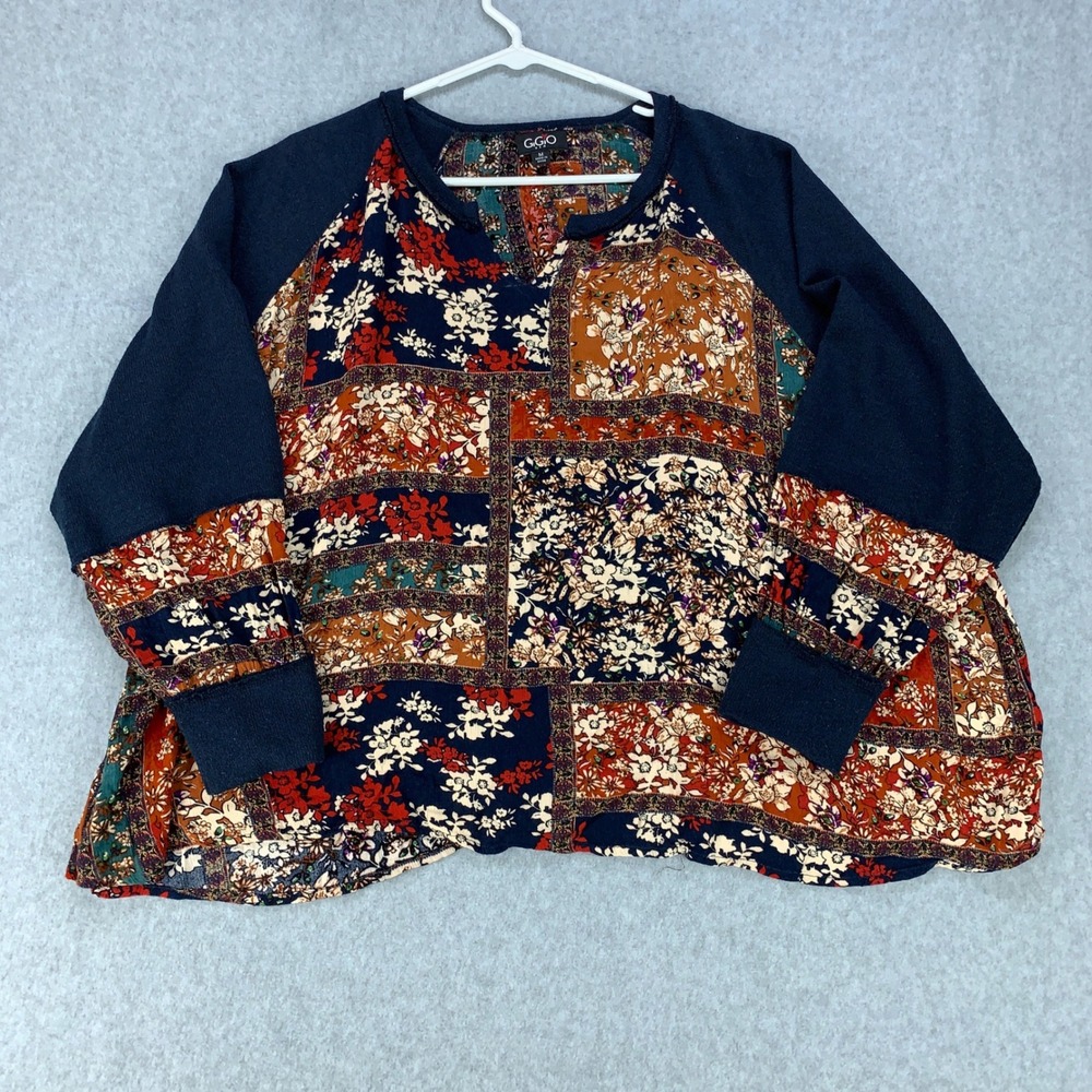 GiGiO Top Womens Medium Blue Patchwork Floral Raglan Sleeve Blouse TC2787
